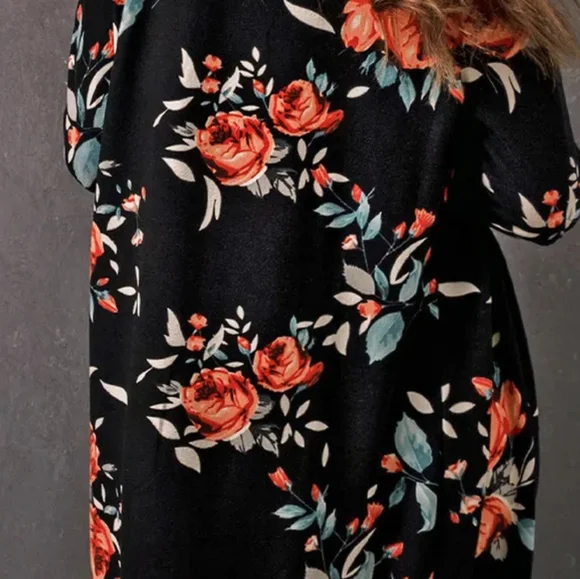 Black Floral Open Front Longline Cardigan - Picture 5 of 5